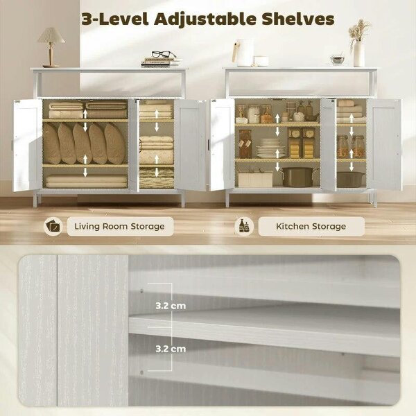 Industrial Kitchen Sideboard with Open Shelf, 2 Cabinets, Adjustable Shelves for Living Room, Dining Room, White