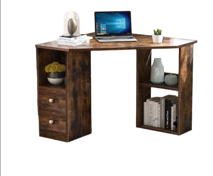 Modcraft L-Shaped Corner Desk with Drawers & Shelves – 90cm Rustic Brown Computer Workstation