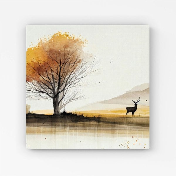 Warren Reed Autumn Landscape Stag Watercolour Canvas