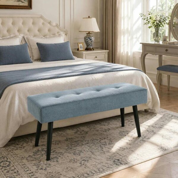 Upholstered Bedroom Entryway Bench, Modern Corduroy Tufted End of Bed Bench with Padded Seat and Steel Legs, Blue