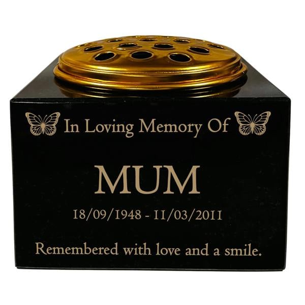 Memorials Direct Granite Memorial Vase with Butterfly Design, Free Personalised Gold Engraving, Solid Granite 6 x 6 x 4 Inches