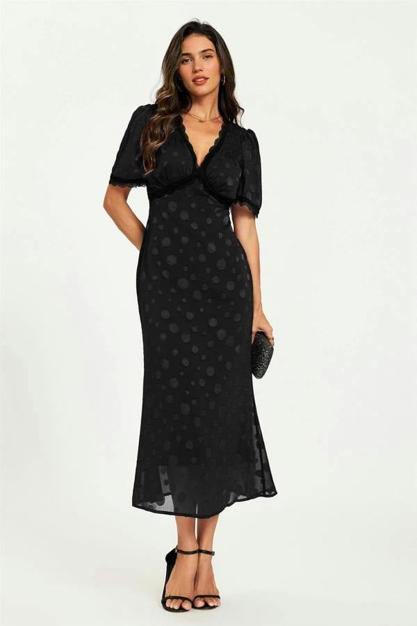 FS Collection Polka Dot Jacquard Lace Trim Midi Dress In Black
