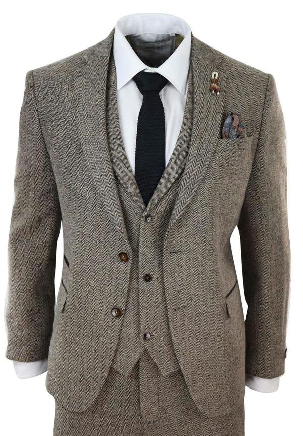 TruClothing Mens Oak Brown 3 Piece Tweed Suit Vintage Harringbone 1920s Retro Peaky Blinders