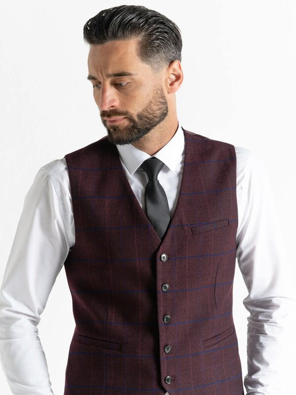 V2 Classic Kensignton Three Piece Suit - Soft Plum Tweed With Blue Checks