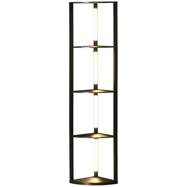 Black modern floor lamp with tall column frame and four lit shelf levels