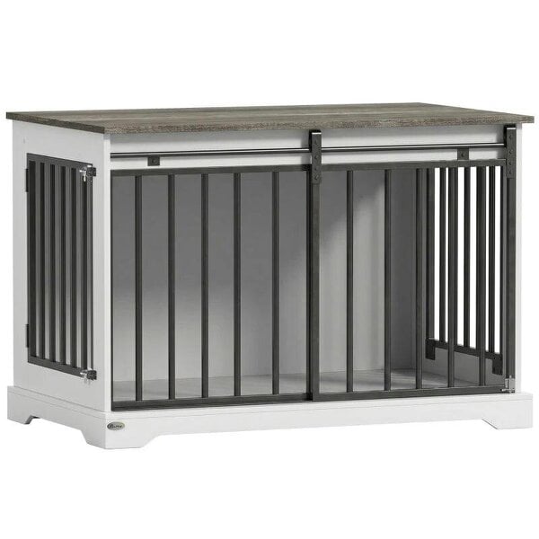 100 cm Large Dog Crate Furniture with Sliding Barn Door for Large Dogs, White