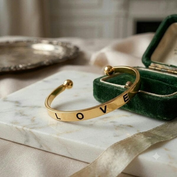 The Colourful Aura Gold Plated Oval Shape LOVE Engraved Open Cuff Bangle Bracelet