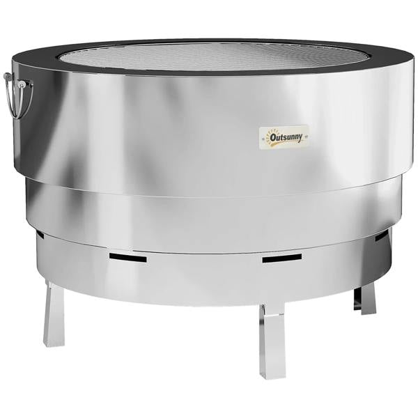 Stainless steel round wood-burning fire pit with open top, side handles, and four legs