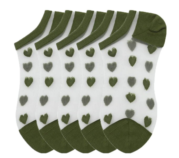 Anyfootwear 5 Pairs Army Green Size 5-9 Heart Tull Glass Silk Design With Transparent Thin Mesh Color Full Nylon Knee Sock 