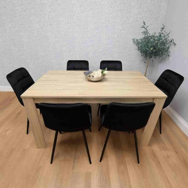 Kosy Koala Oak Effect Dining Table Set With 6 Black Velvet Chairs Dining Room Furniture