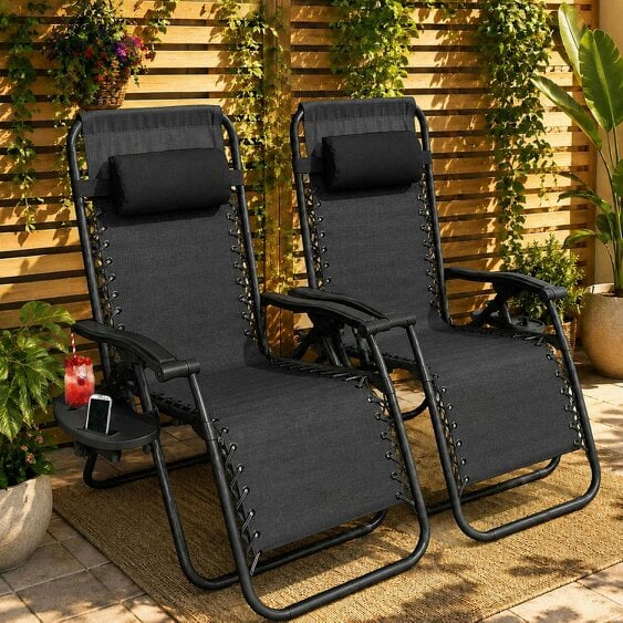 Neo Black Zero Gravity Recliner Garden Sun Loungers x2