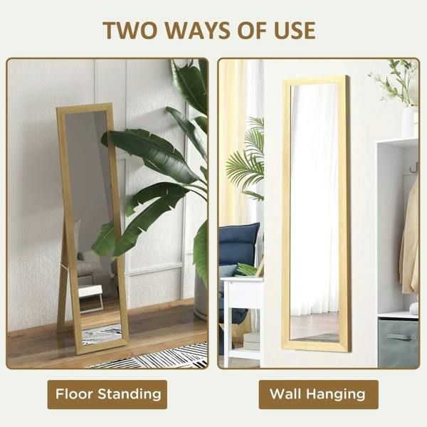 Full-length mirror with light natural wood frame, shown for floor standing