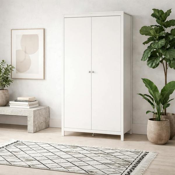 Wyld Haus Gossmere White Wooden Wardrobe 2 Doors Silver Handles