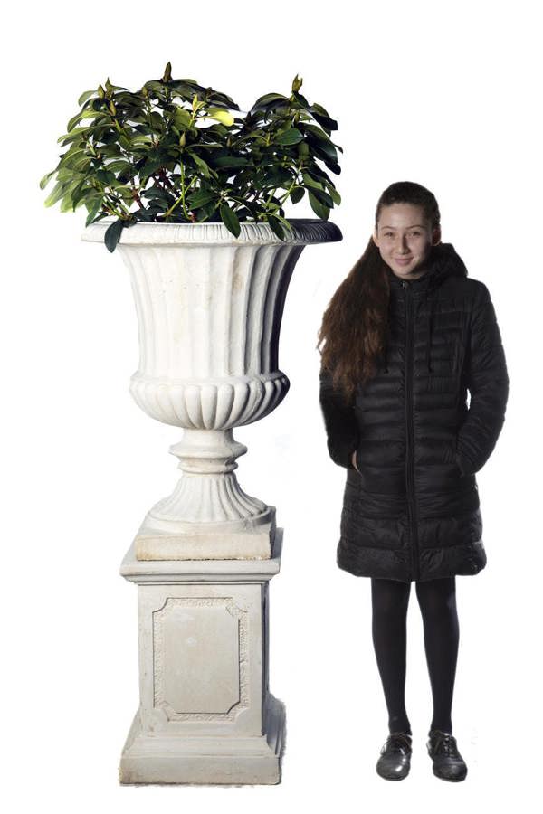 Pair of Giant Flute White Stone Garden Vases on Plinths