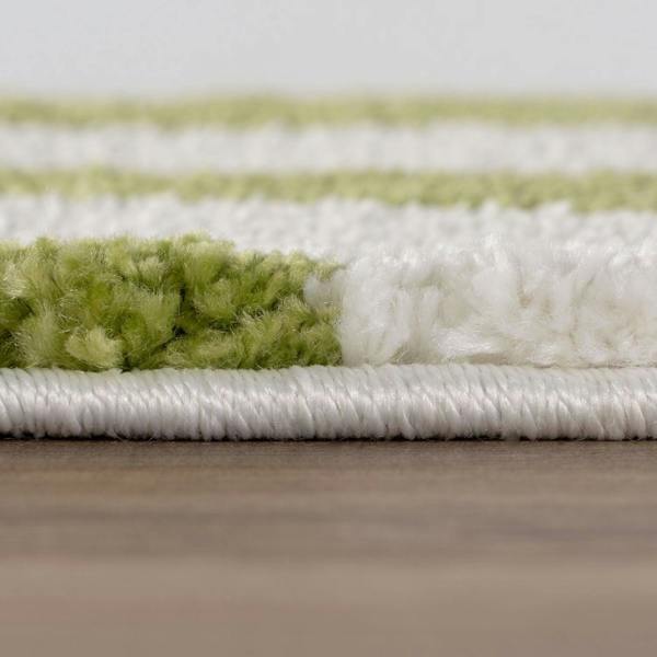 Close-up of a green and white striped rug on a wooden floor.