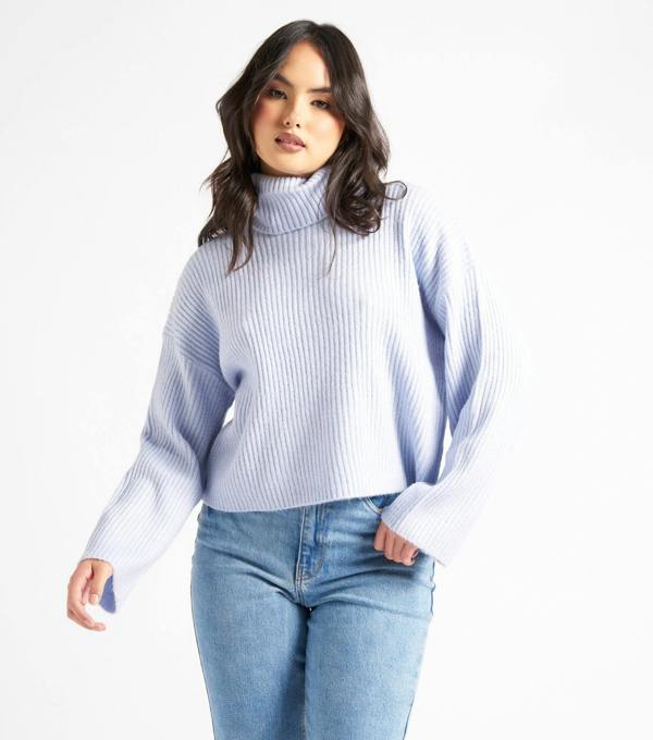 Urban Bliss Blue Crop Roll Neck Wide Rib Jumper