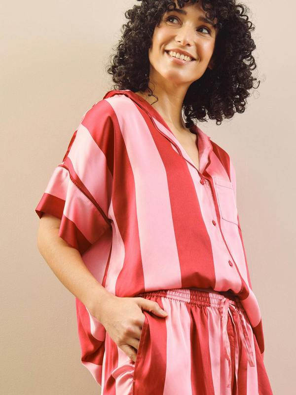 model wears harvest pear print long pyjama set