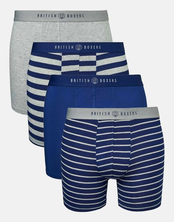 British Boxers Multipack 4 Pairs of Men's Bamboo Stretch Trunks – Navy & Grey Marl Stripes