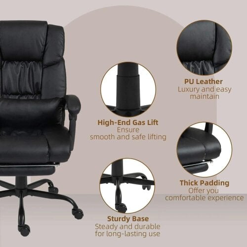 Bobobiy 6-Point Massage Office Chair, PU Leather Desk Chair with Adjustable Height and Footrest for Home Office, Black