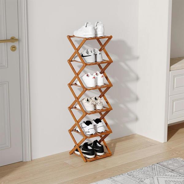 Living and Home 6 Tier Bamboo Folding Shoe Rack Shoe Storage Organiser - Walnut