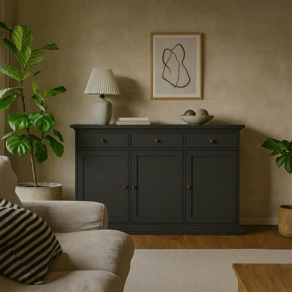 Wyld Haus Osaka Farmhouse Dark Grey Wooden Sideboard 3 Doors 3 Drawers