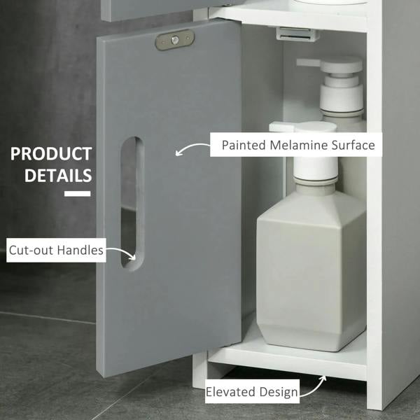 Cabinet door with cut-out handle and painted melamine inner shelf space for bathroom items