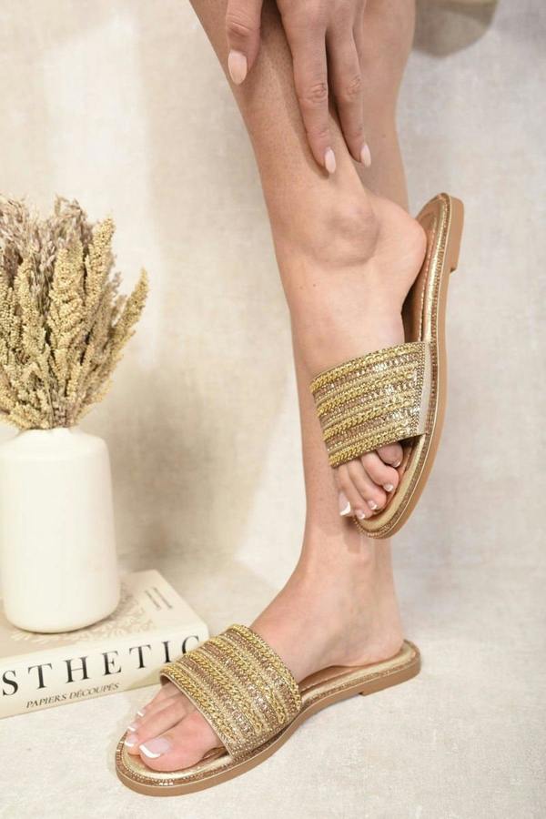Melinda Open Toe Embellished Flat Sandals - Gold