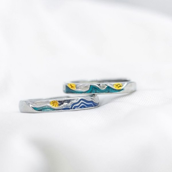 The Colourful Aura Adjustable Silver Sea Wave Enamel Couple Promise Ring Set