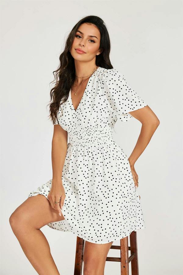 FS Collection Dot Print Short Sleeve Mini Dress In White