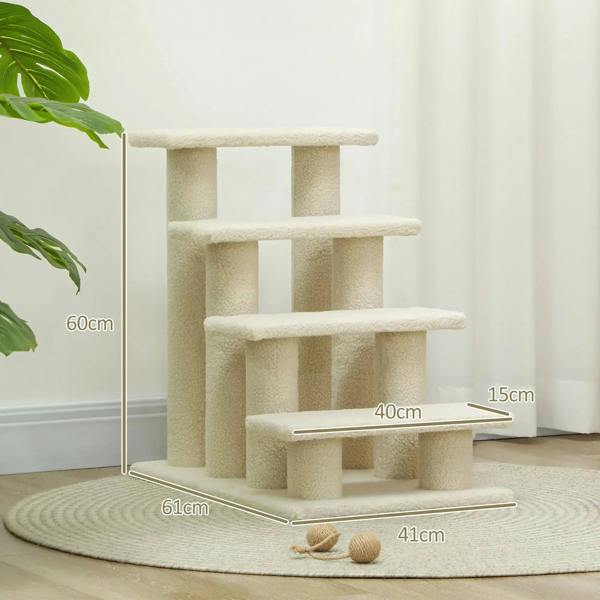 Cream 4-step pet stairs with four cushioned platforms and thick side supports