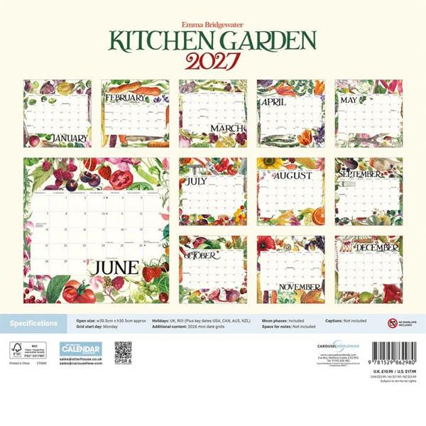 Emma Bridgewater, Kitchen Garden Calendar 2027, Wall Calendars, Month To View, Art, Gift