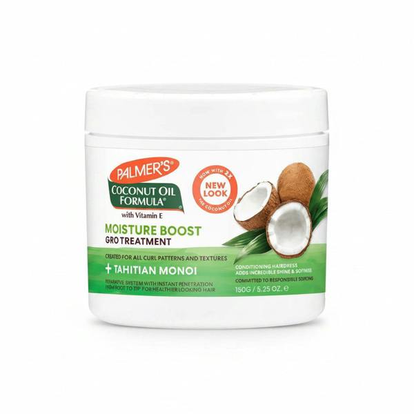 A container of Palmer's Coconut Oil Formula Moisture Boost Gro Treatment with a white background featuring images of coconuts and the text 'Tahitian Monoi'.
