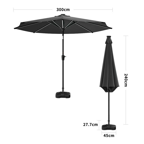 Black 3M Lighted Market Sunbrella Umbrella with Solar Strip LED Lights Parasols & Rain Umbrellas Living and Home Parasol + Circle Effect 14KG Resin tank base