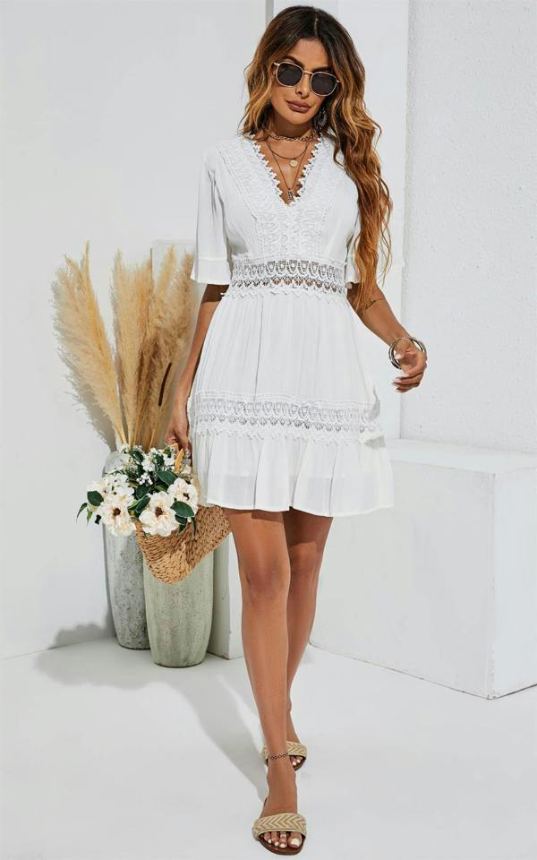 FS Collection V Neck Lace Mini Dress In Ivory White