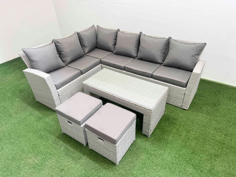 Fimous Rattan Garden Furniture Set Outdoor 8 Seater Corner Sofa Sets with Oblong Coffee Table 2 Small Footstools Light Grey Mixed