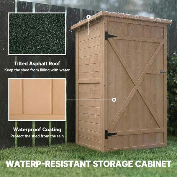 Natural wood storage cabinet shed with angled roof panel and X-braced door