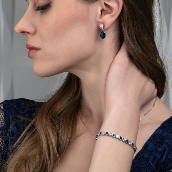 925 Sterling Silver Tennis Bracelet with Bezel Set Blue & White Cubic Zirconia - namana.london