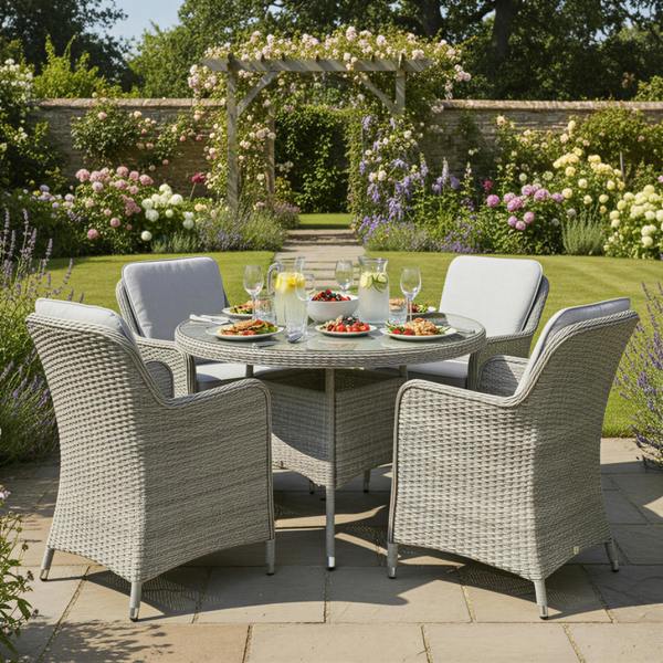 hampton rattan 4 seat dining set in dove grey with light grey cushions