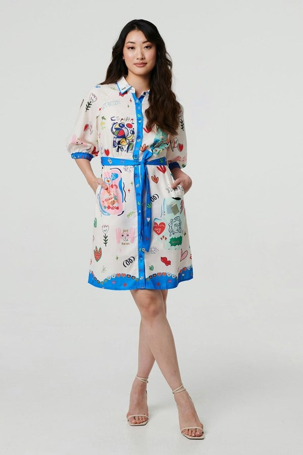 White | Abstract Tie Waist 3/4 Sleeve Shirt Mini Dress
