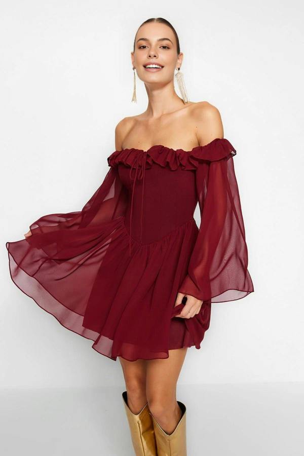 WOVCOR A-Line Ruffle Chiffon Evening Dress