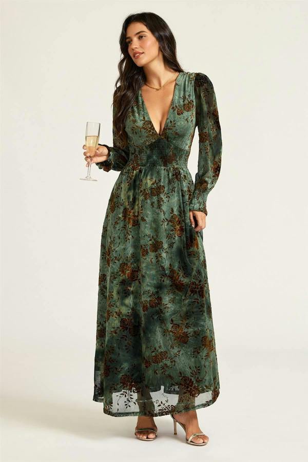 FS Collection Brown Floral Velvet Devore Long Sleeve Maxi Dress In Green