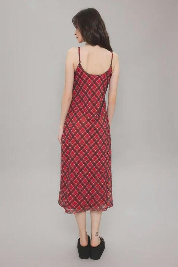 WOVCOR Tie Detail Plaid Tulle Maxi Stretch Knit Dress