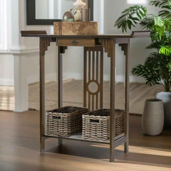 Rafaelo Mobilia Bamboo Slim Console Table With Shelf And Drawer