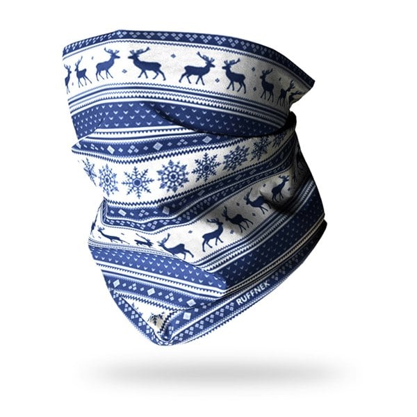 Nordic Stag - Blue RUFFNEK® Ltd Blue/White. Winter Nordic Snowflake & Reindeer Snood – a versatile and breathable winter scarf with a festive design.