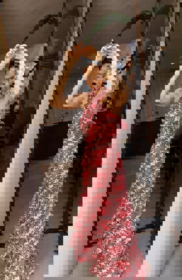 Rewritten London Jamie Dress in Pink Fan Print