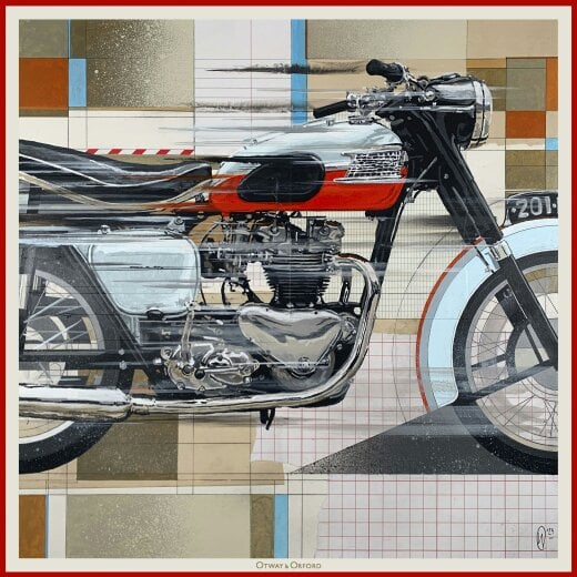 Otway & Orford 'Vintage Velocity' motorcycle silk pocket square in red, pale blue, black & brown (42 x 42cm)