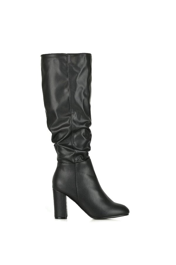 XY LONDON Ruched Zip-up Block Heeled Knee Calf Boots - Black - 4