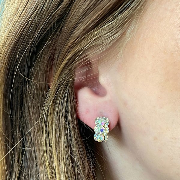 Diamante clip-on earrings, double row crystal design, iridescent rhinestones, gold tone setting, sparkling vintage inspired jewellery, lightweight statement accessory, elegant clip fastening
