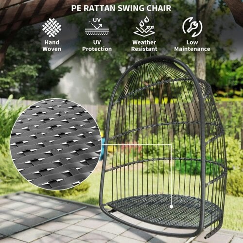 Bobobiy Hanging Egg Chair, Foldable Rattan Garden Swing Chair with Installation Kit, Thickened Cushion and Headrest, Dark Grey