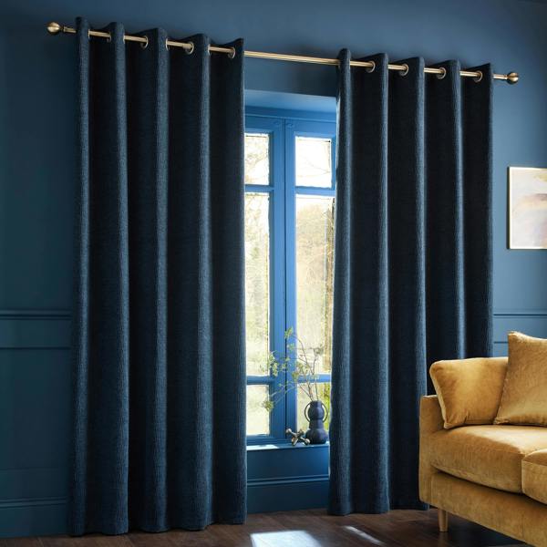 Catherine Lansfield Crinkle Chenille Lined Eyelet Curtains Blue